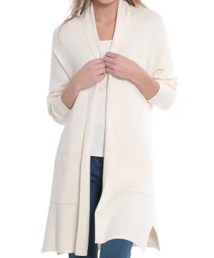 3/4 Sleeve Drop Shoulder Shawl Collar Open Front Cardigan In Winter White