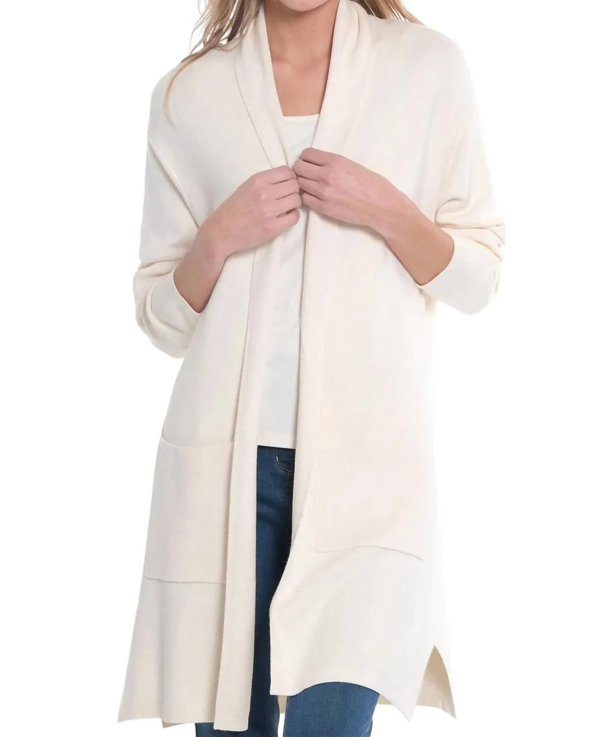 3/4 Sleeve Drop Shoulder Shawl Collar Open Front Cardigan In Winter White
