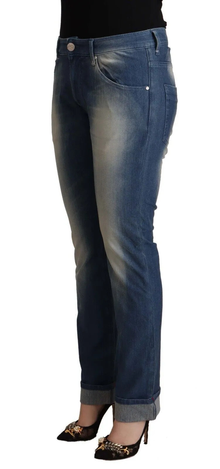 Acht  Washed Mid Waist Folded Hem Skinny Women's Jeans