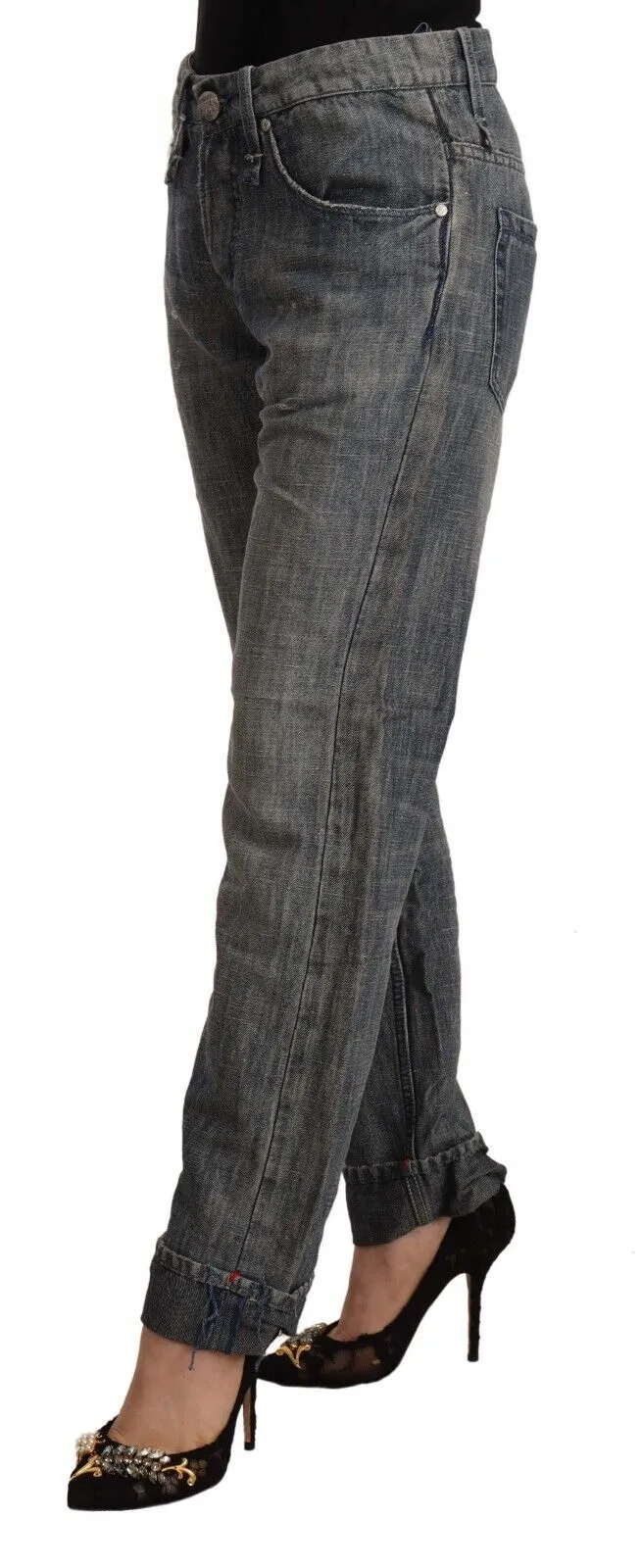 Acht  Washed Ramie Straight blue Folded Hem Women's Jeans