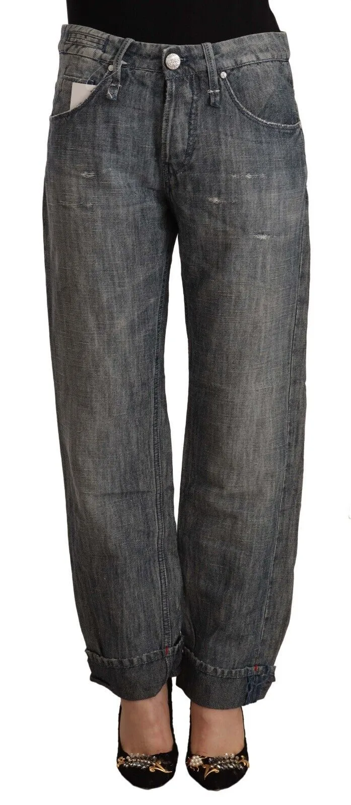 Acht  Washed Ramie Straight blue Folded Hem Women's Jeans