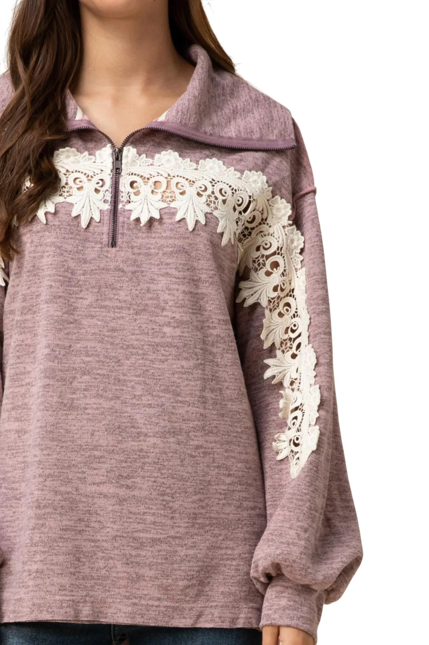 All About The Lace Pullover In Mauve