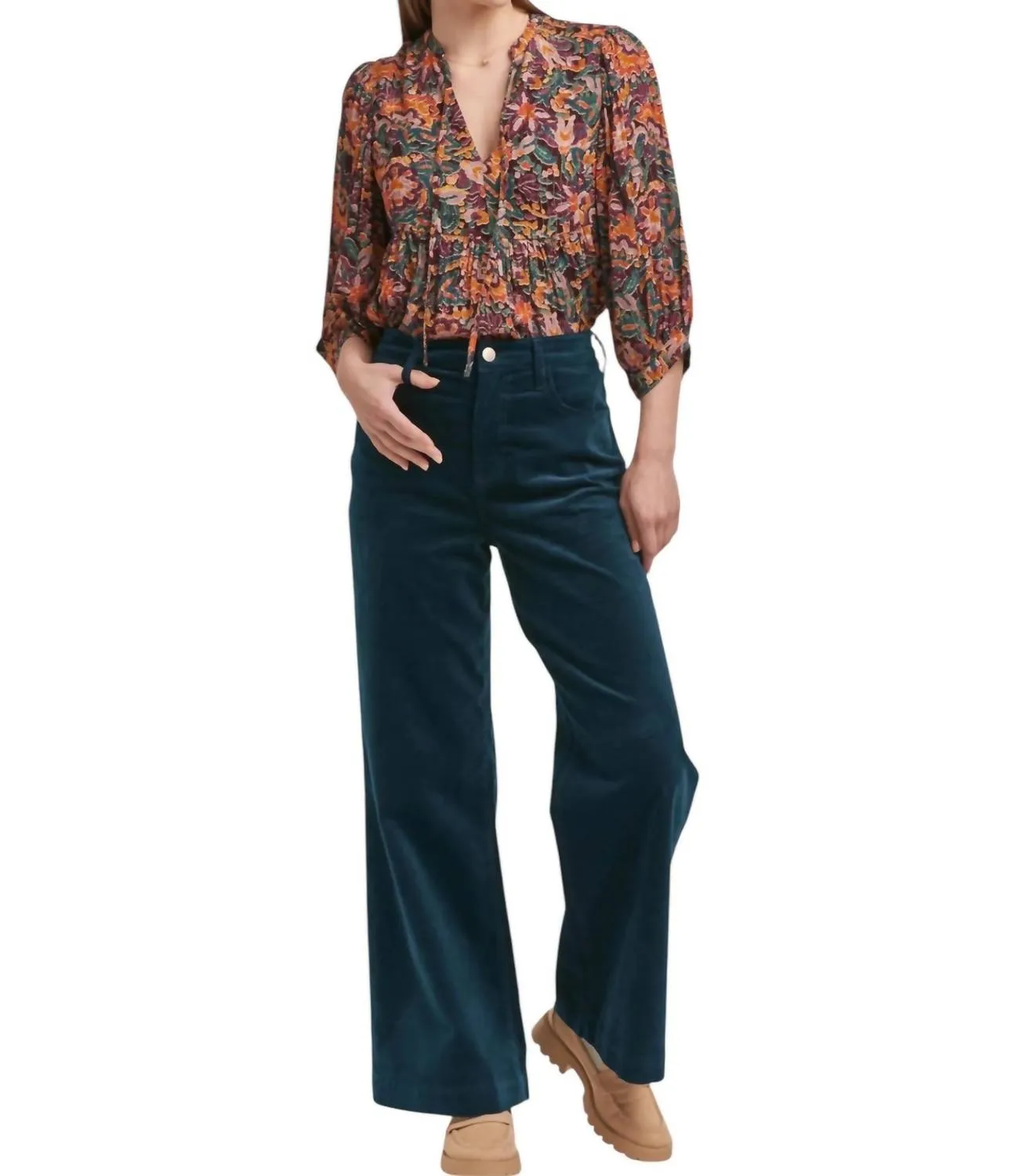 Audrey Full Inseam Wide Leg Pants In Teal Velveteen