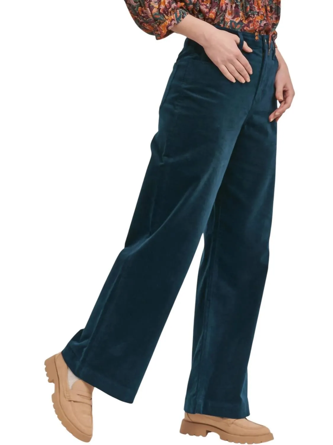Audrey Full Inseam Wide Leg Pants In Teal Velveteen