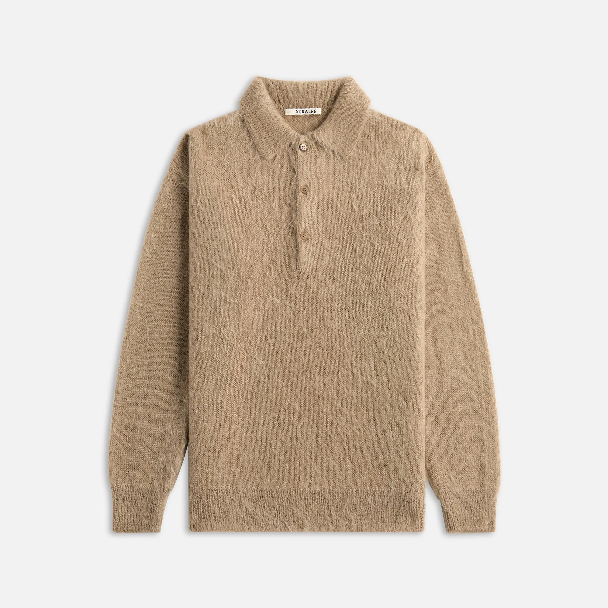 Auralee Brushed Super Kid Mohair Knit Polo - Gray Beige Auralee Clothing