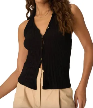 Austin Collared Button Front Rib Halter Sweater In Black