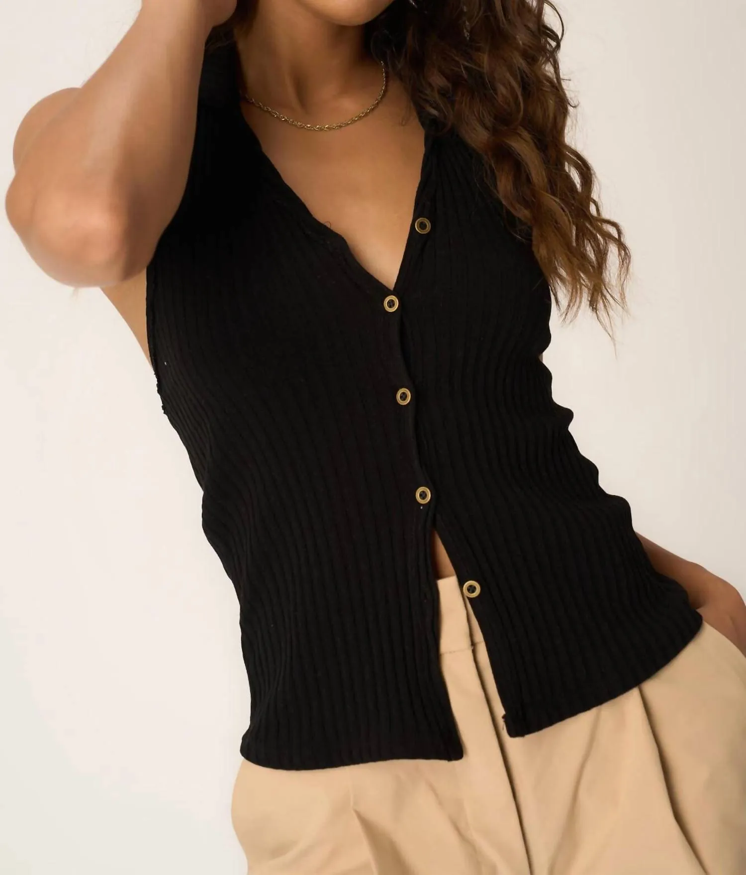 Austin Collared Button Front Rib Halter Sweater In Black