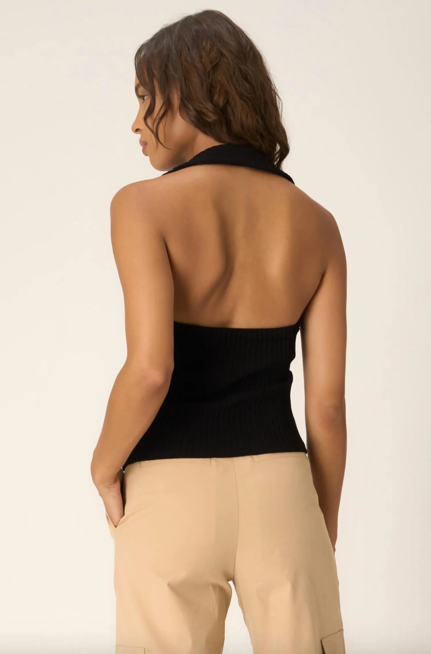 Austin Collared Button Front Rib Halter Sweater In Black