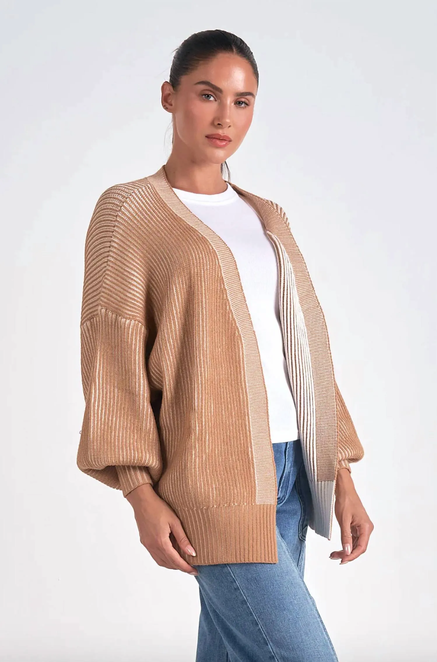 Balloon Sleeve Open Cardigan In Tan/white