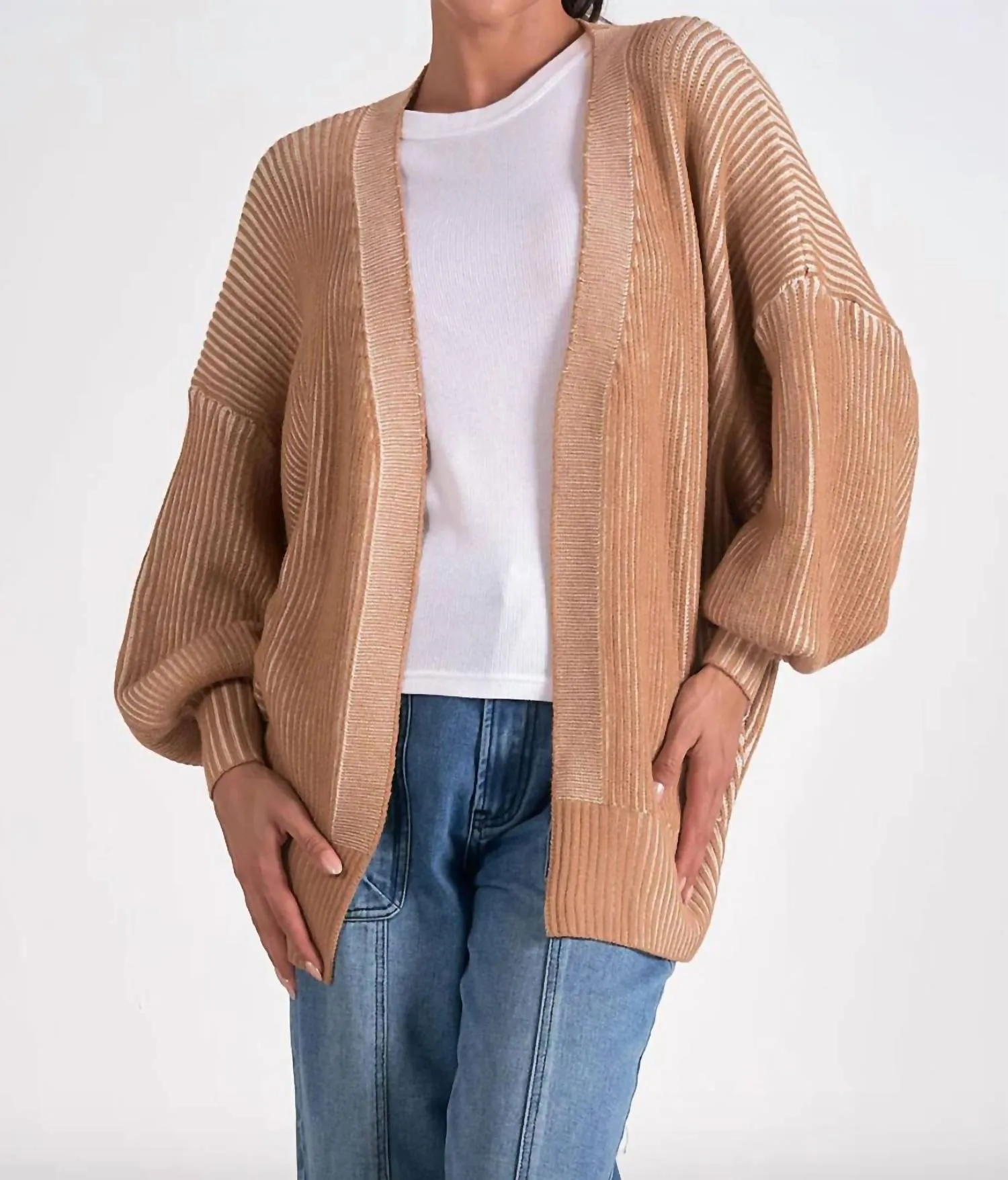 Balloon Sleeve Open Cardigan In Tan/white