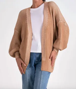 Balloon Sleeve Open Cardigan In Tan/white