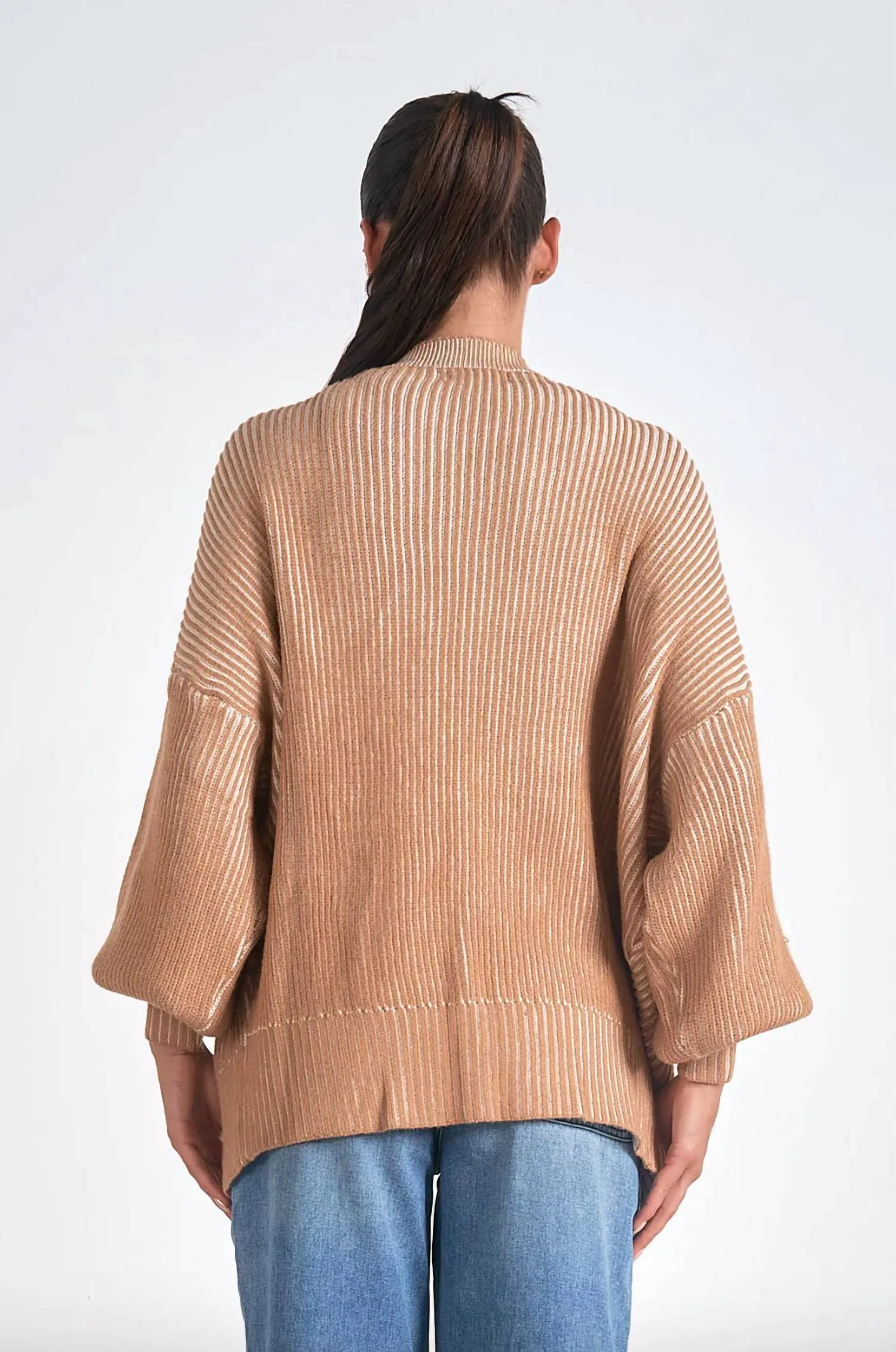 Balloon Sleeve Open Cardigan In Tan/white