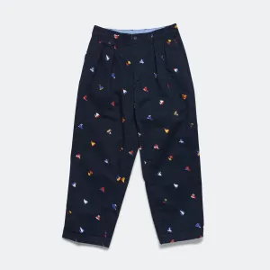 Beams Clothing 2 Pleat Trousers Embroidery On Print - Navy