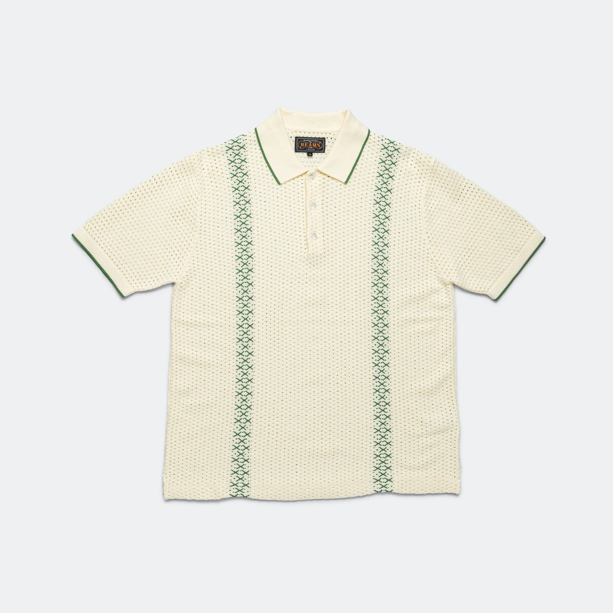 Beams Clothing Knit Polo Mesh Stripe - Off White