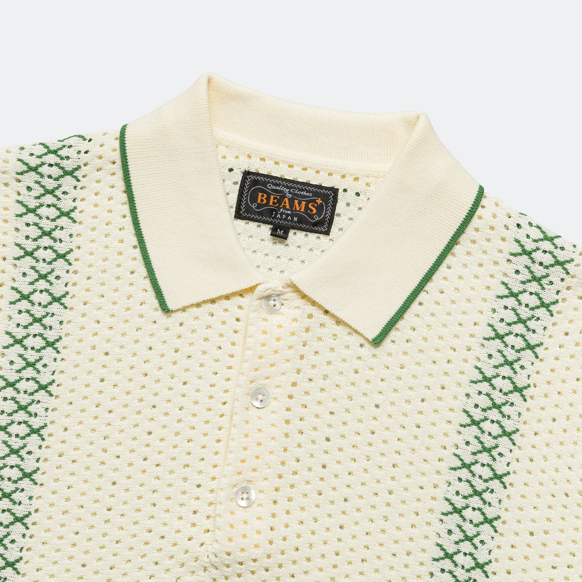 Beams Clothing Knit Polo Mesh Stripe - Off White
