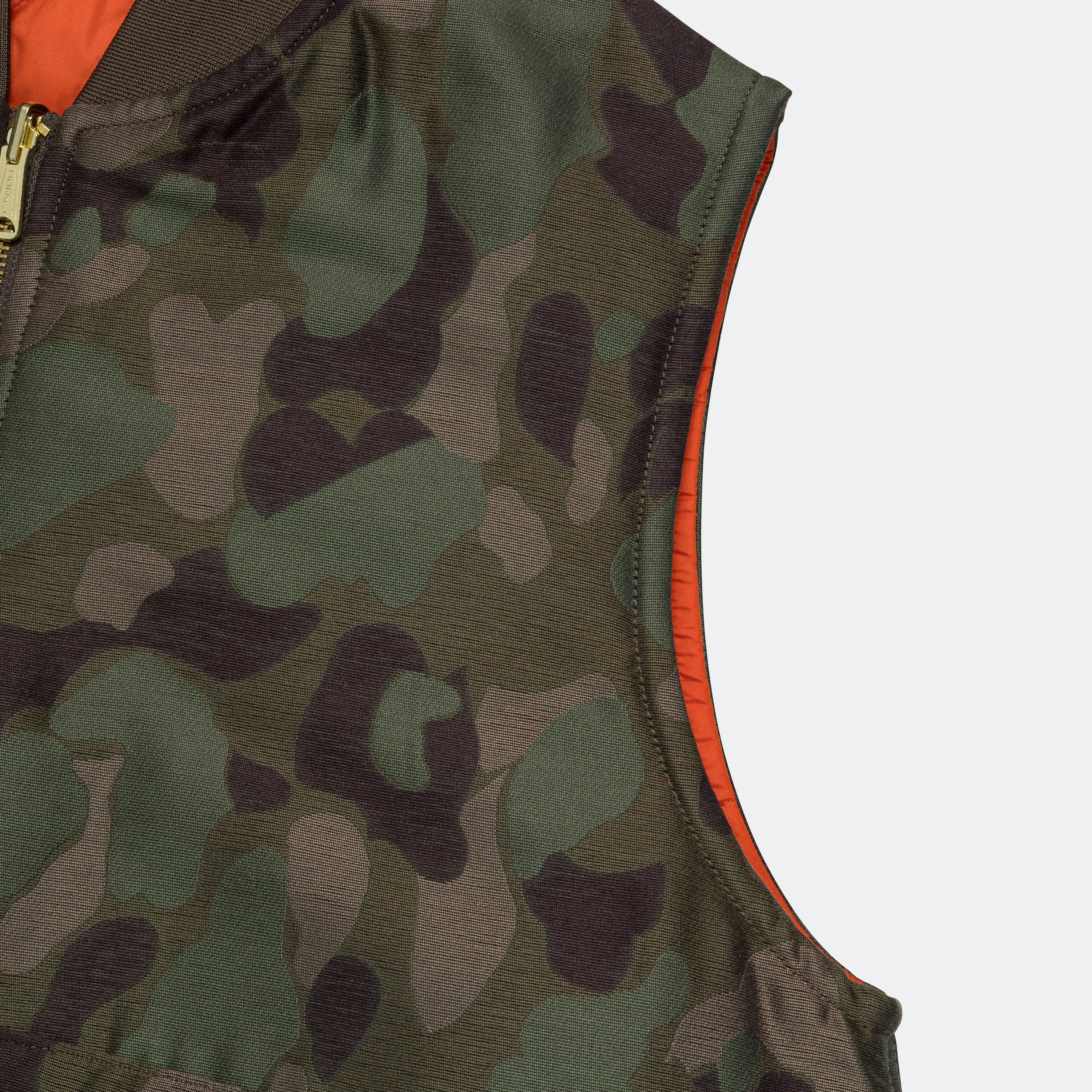 Beams Clothing Reversible Duck Hunter Camo Puff Vest  - Olive Camo/Orange