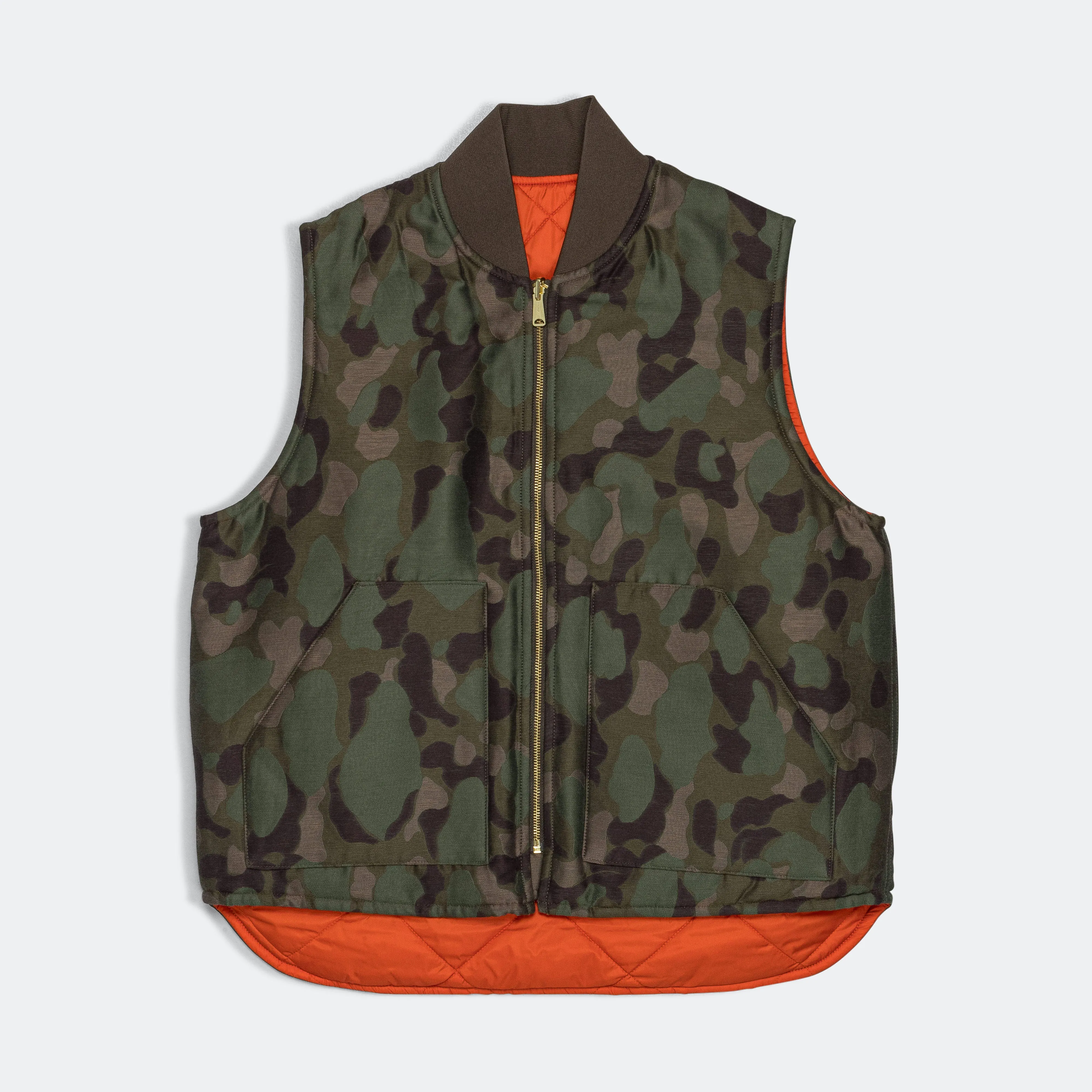 Beams Clothing Reversible Duck Hunter Camo Puff Vest  - Olive Camo/Orange
