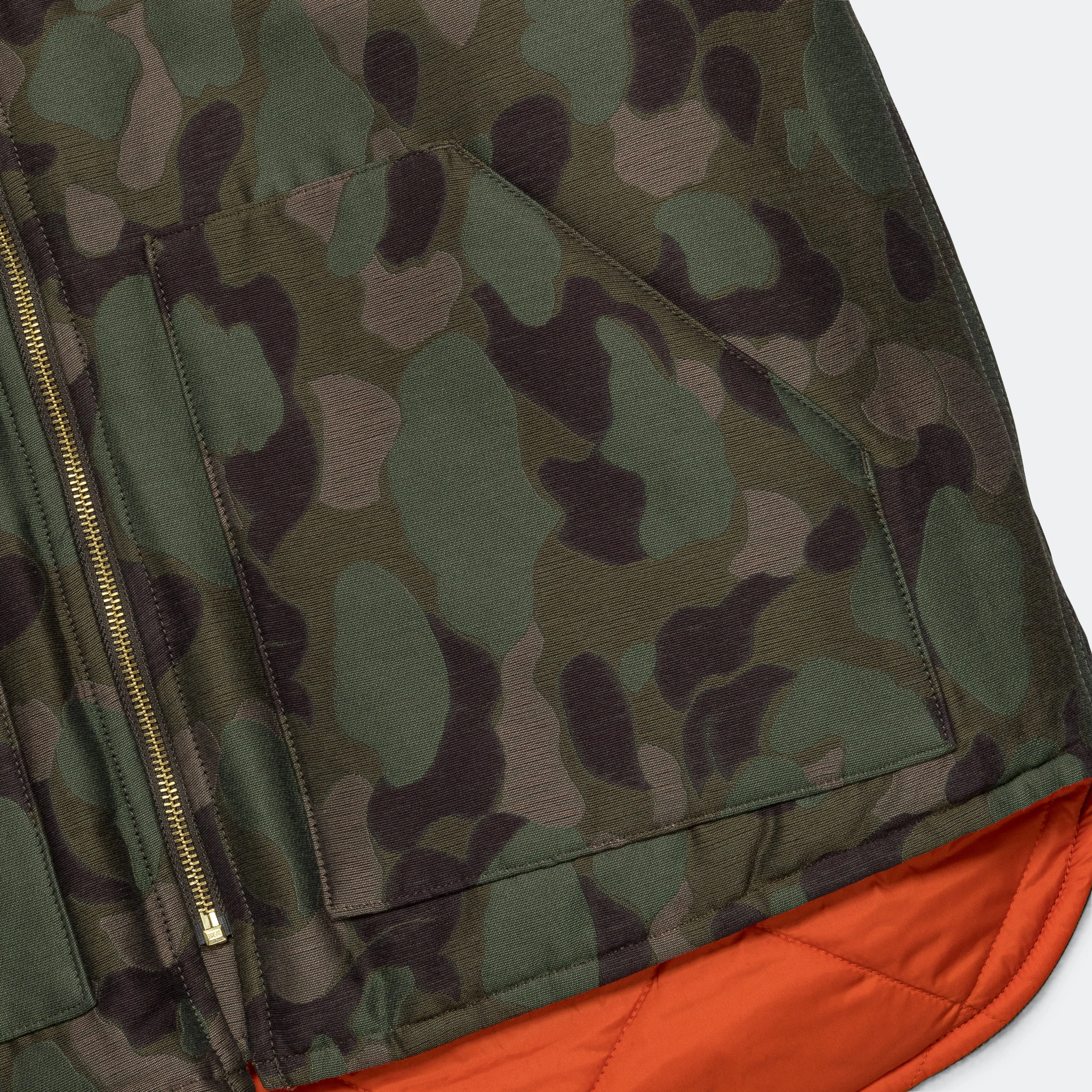 Beams Clothing Reversible Duck Hunter Camo Puff Vest  - Olive Camo/Orange
