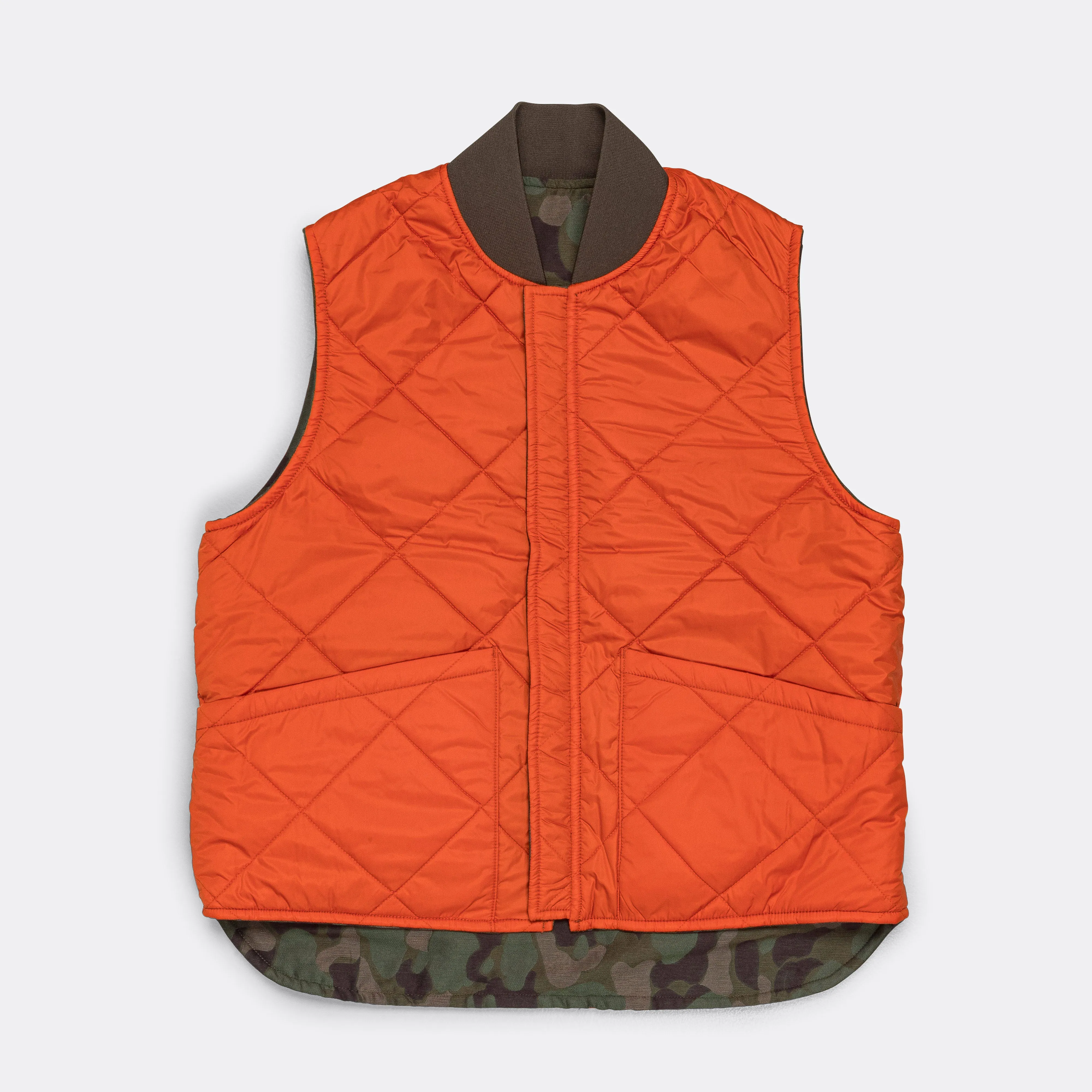 Beams Clothing Reversible Duck Hunter Camo Puff Vest  - Olive Camo/Orange