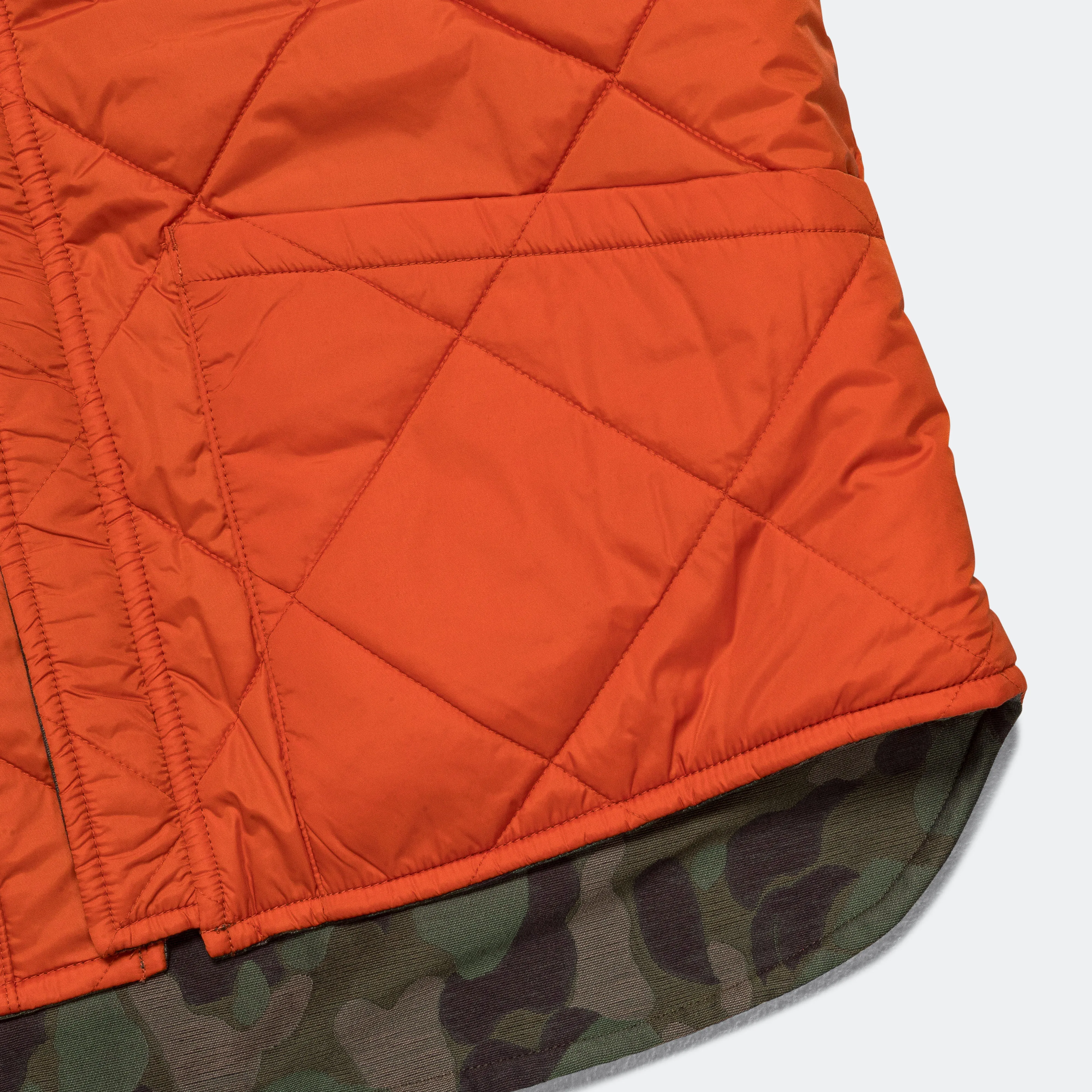 Beams Clothing Reversible Duck Hunter Camo Puff Vest  - Olive Camo/Orange
