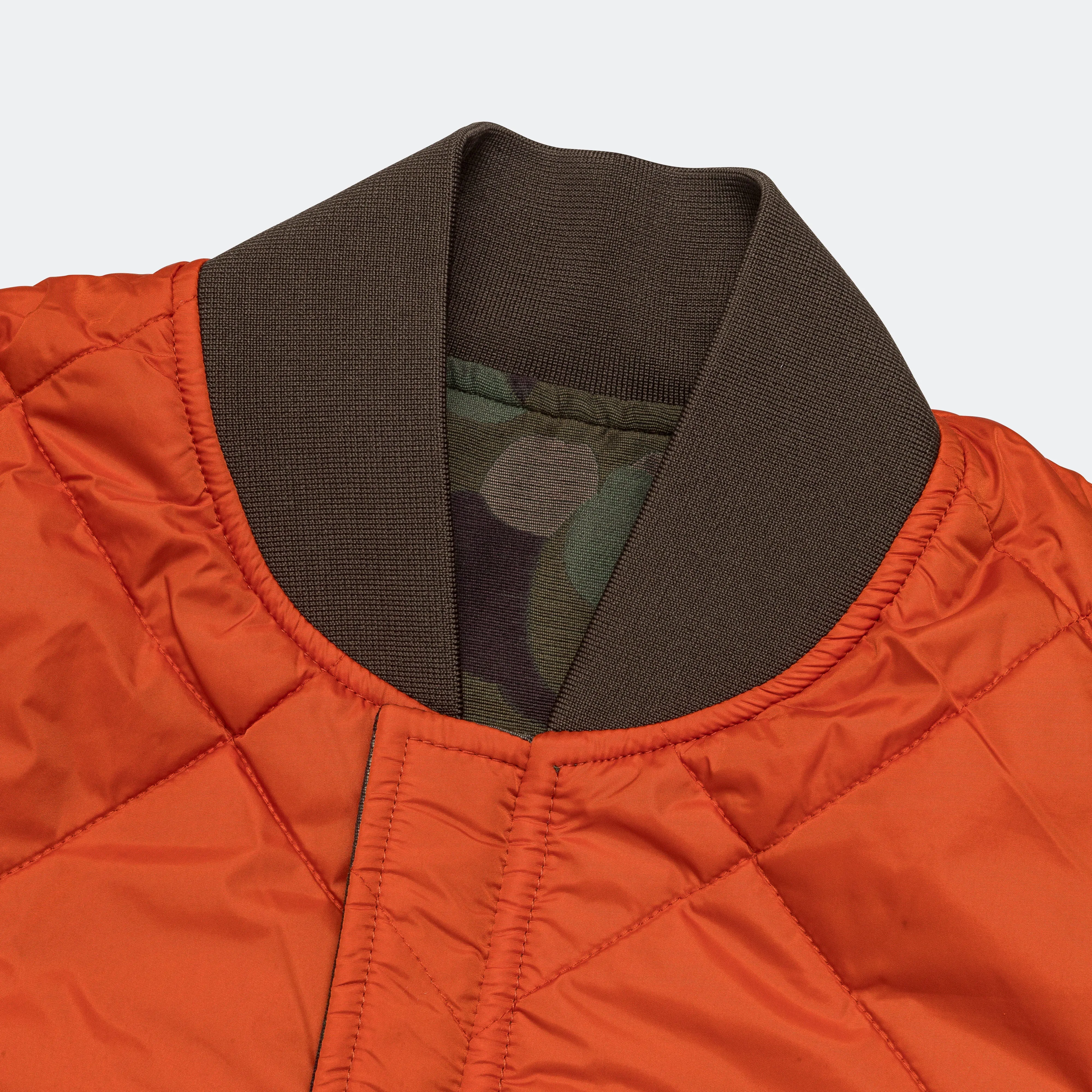 Beams Clothing Reversible Duck Hunter Camo Puff Vest  - Olive Camo/Orange