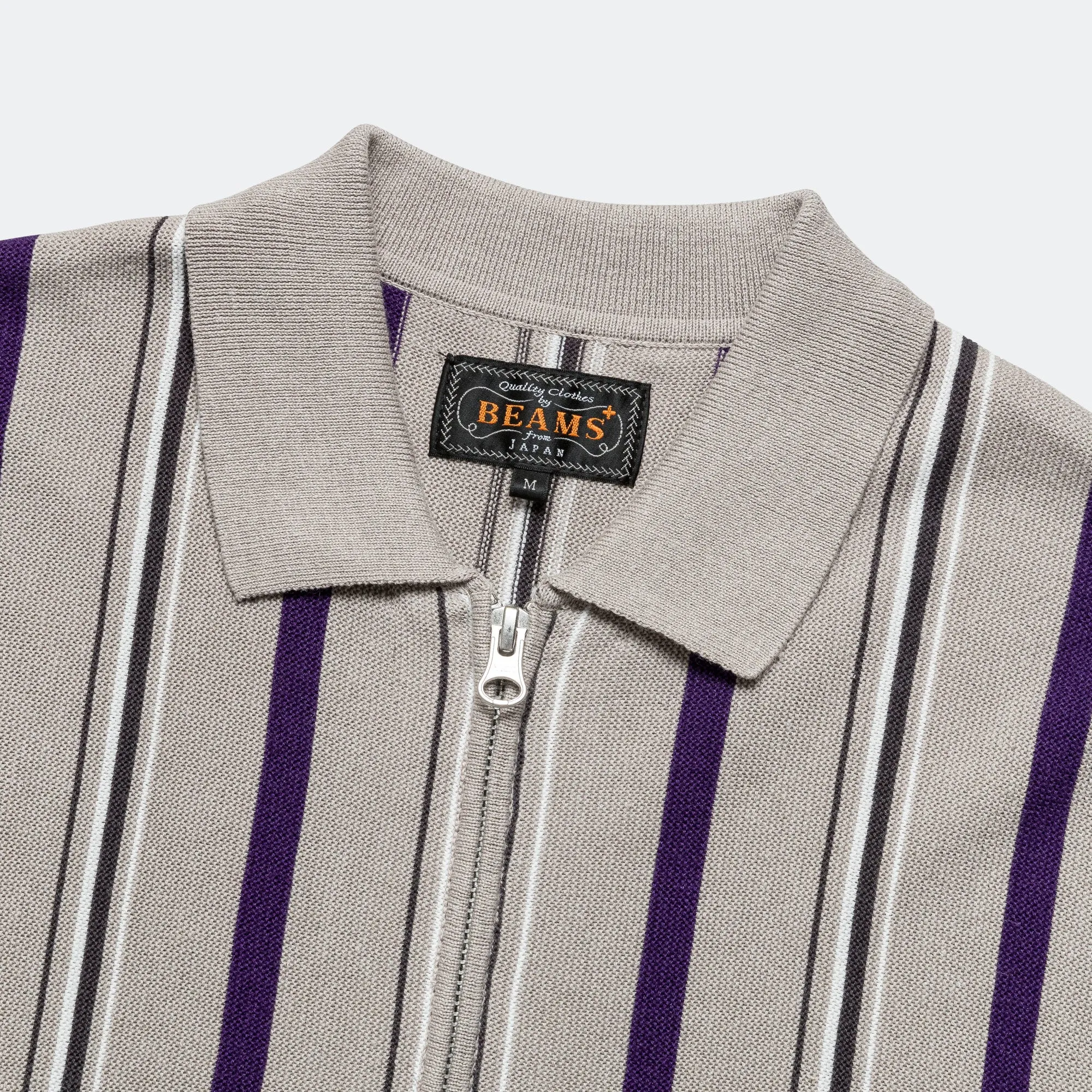 Beams Clothing Zip Knit Stripe Polo - Light Grey
