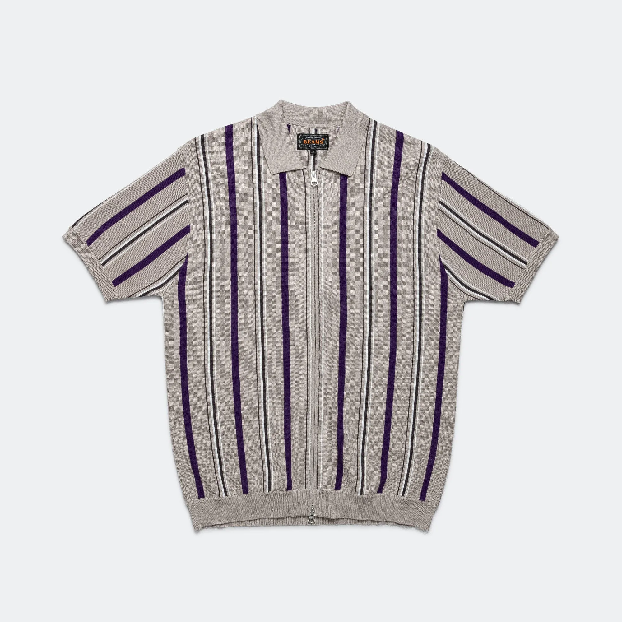 Beams Clothing Zip Knit Stripe Polo - Light Grey