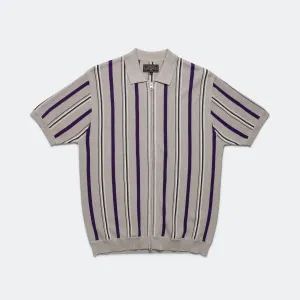 Beams Clothing Zip Knit Stripe Polo - Light Grey