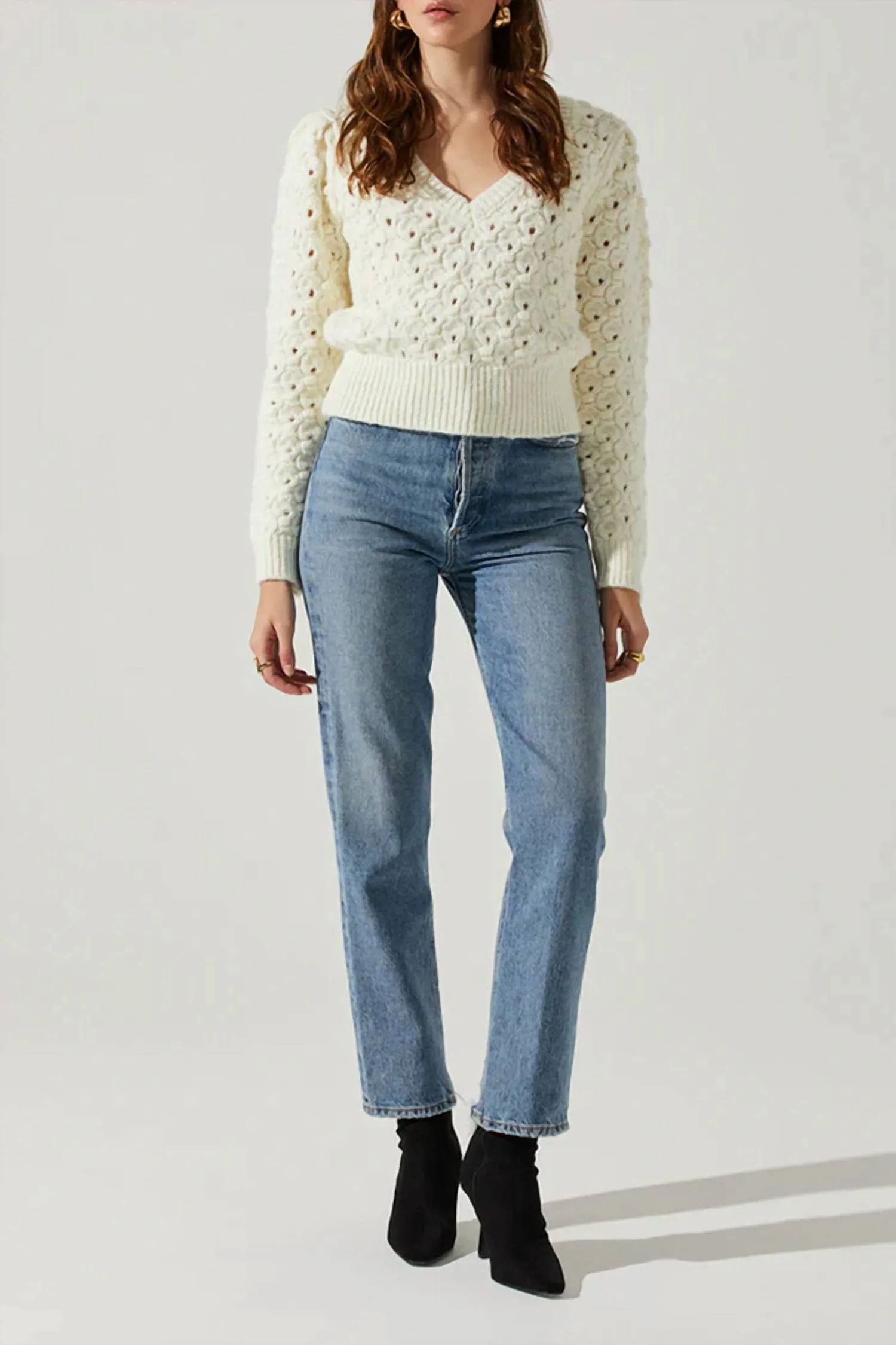 Bianca V Neck Pointelle Sweater In Cream