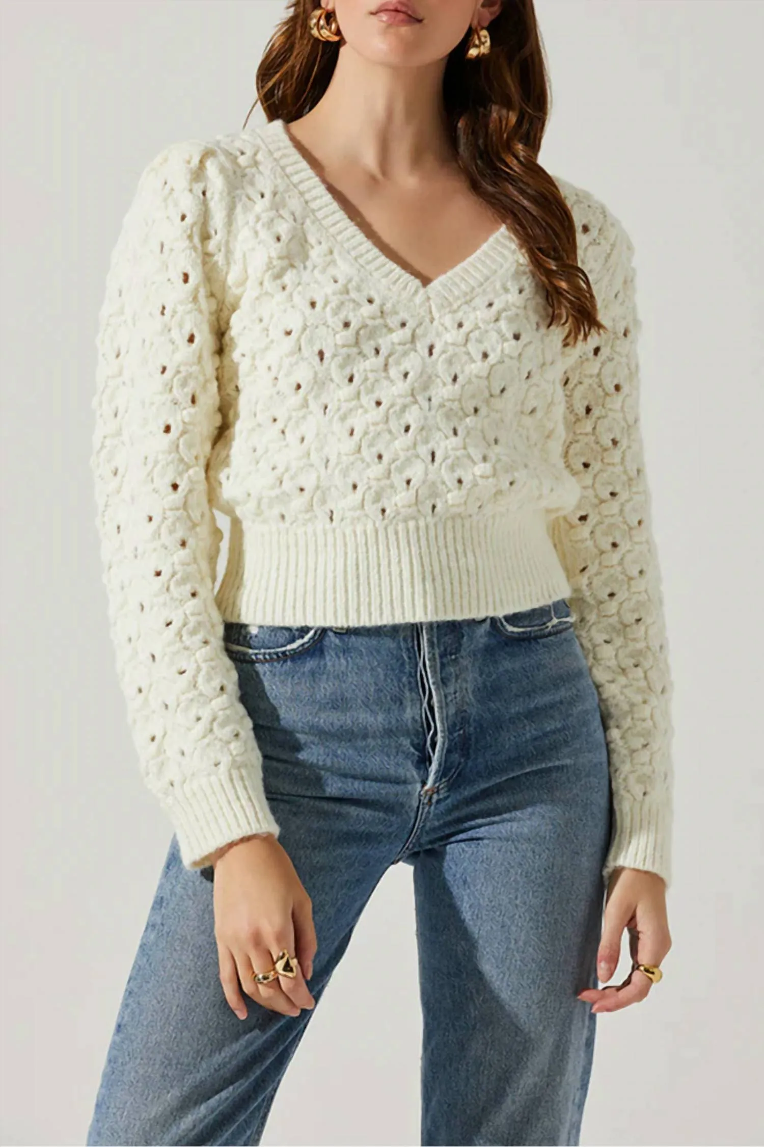 Bianca V Neck Pointelle Sweater In Cream