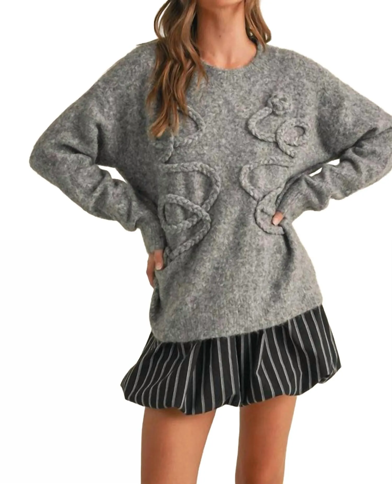 Braided Fuzzy Sweater In Grey