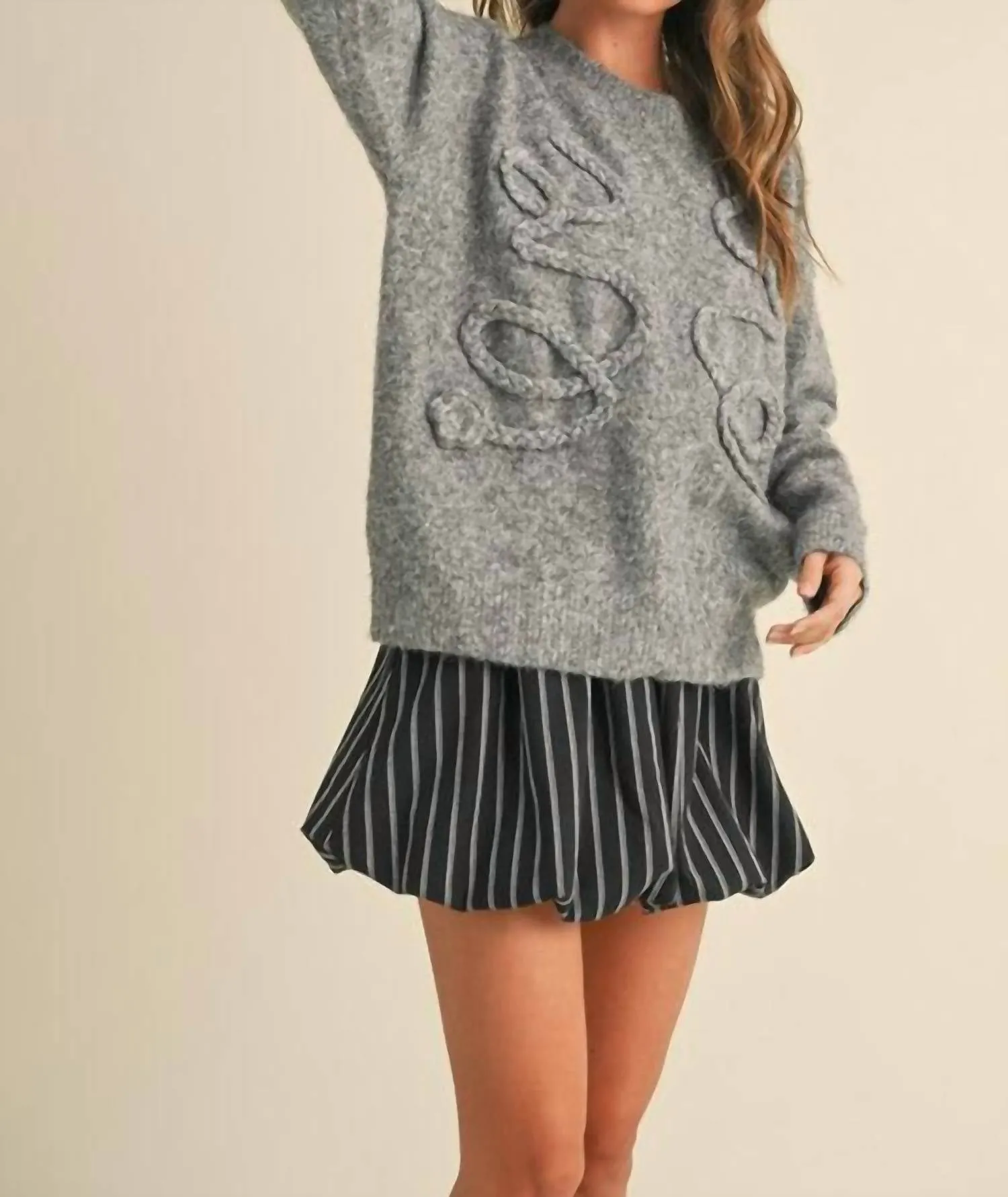 Braided Fuzzy Sweater In Grey