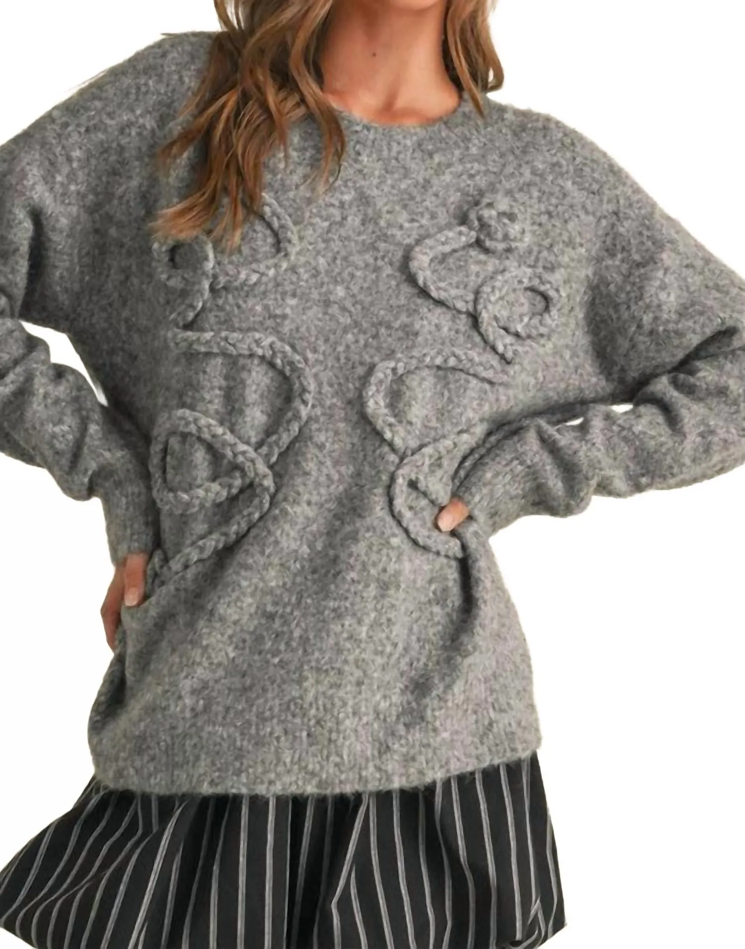 Braided Fuzzy Sweater In Grey