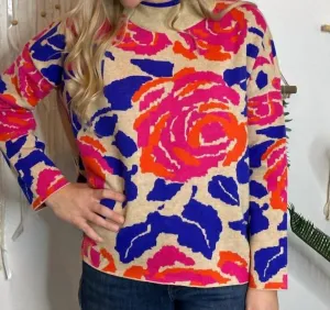 Bright Floral Sweater In Oatmeal