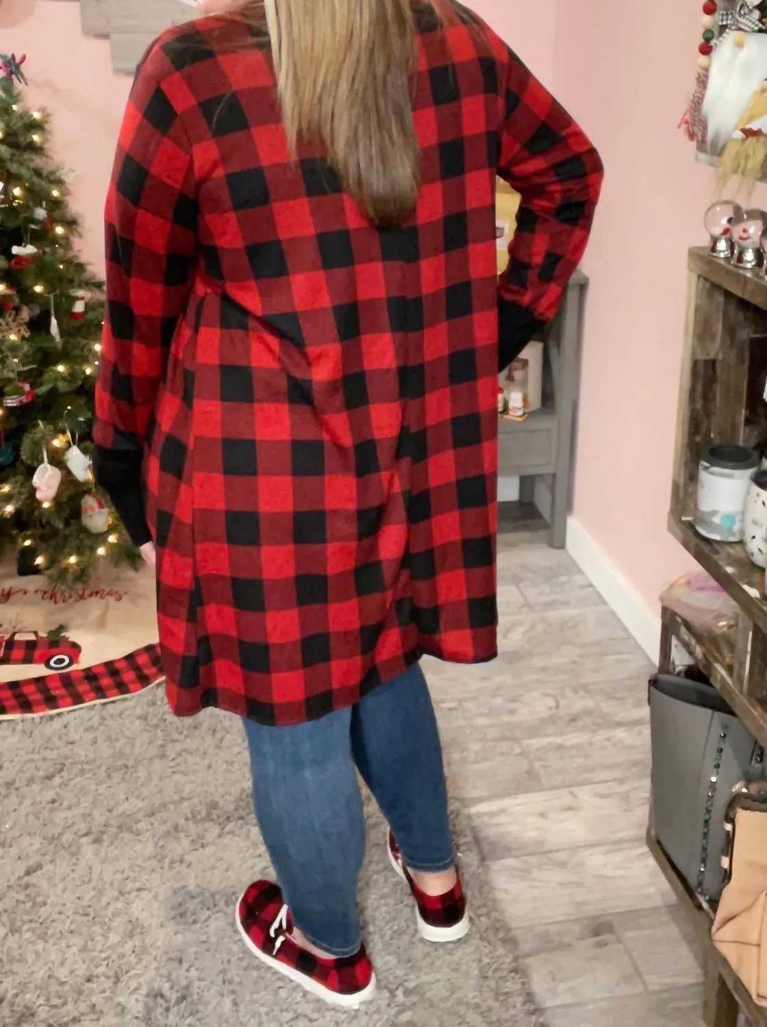 Buffalo Plaid Drape Front Cardigan In Red/black