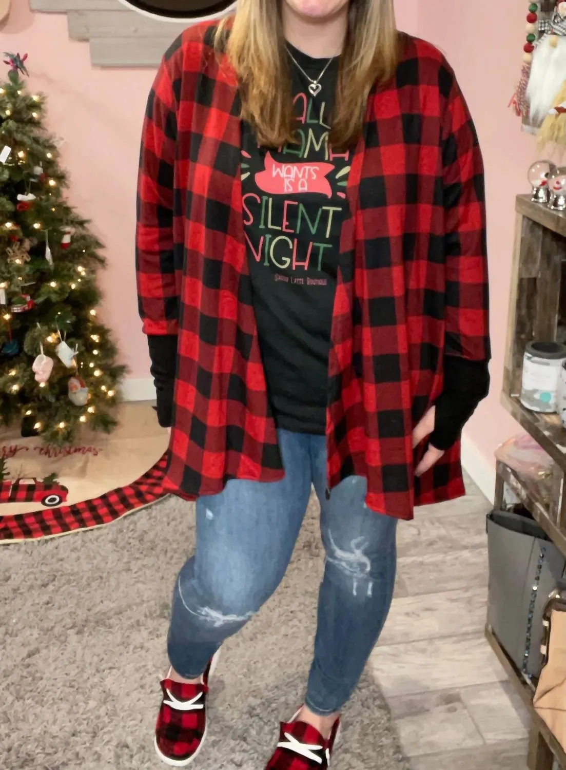 Buffalo Plaid Drape Front Cardigan In Red/black