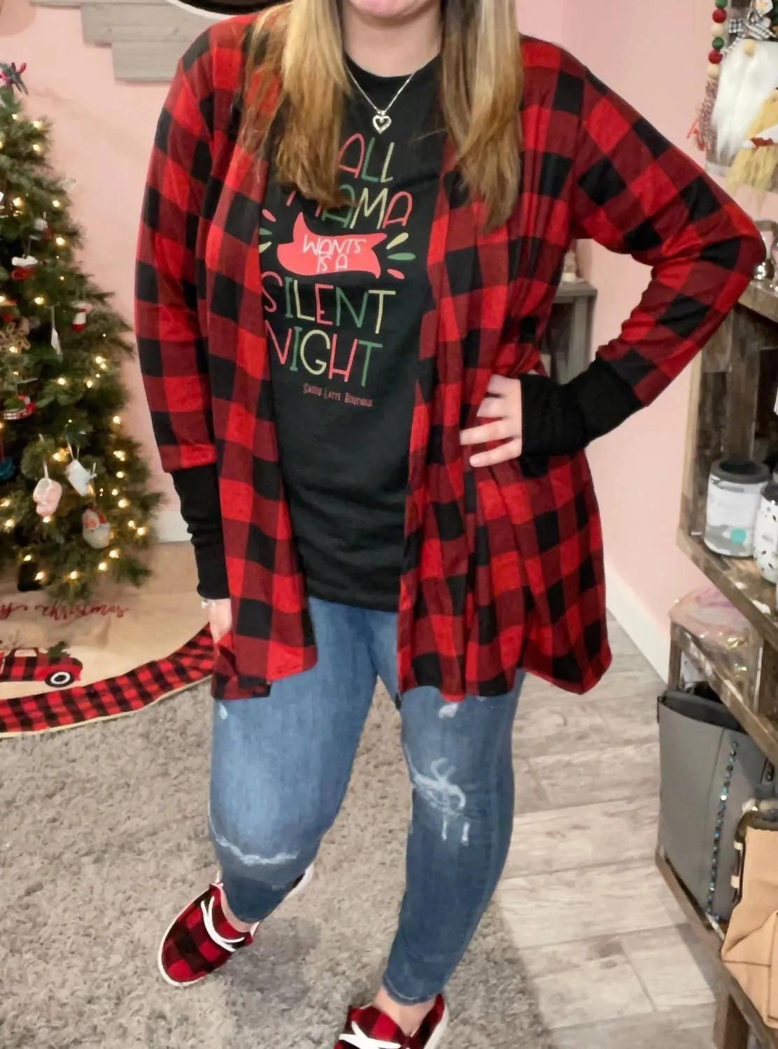 Buffalo Plaid Drape Front Cardigan In Red/black