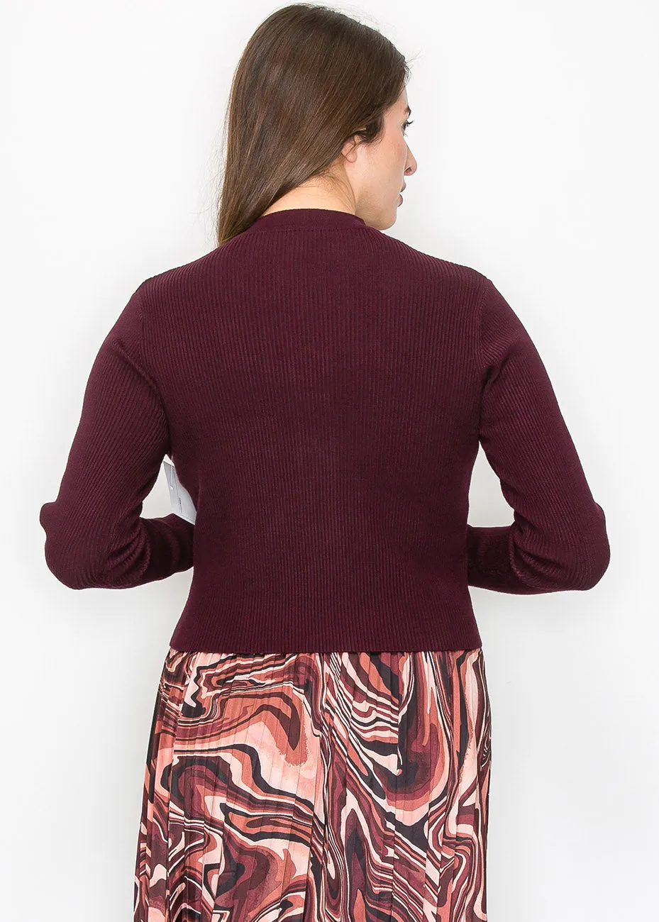 Burgundy Gold-Button Ribbed Cardigan