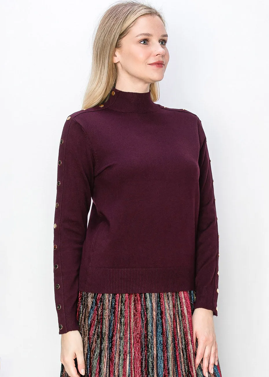 Burgundy Mock Neck Sweater with Buttoned Sleeves