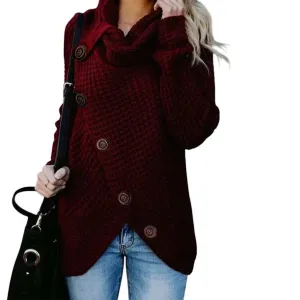 Button Embellished Sweater In Wine Red