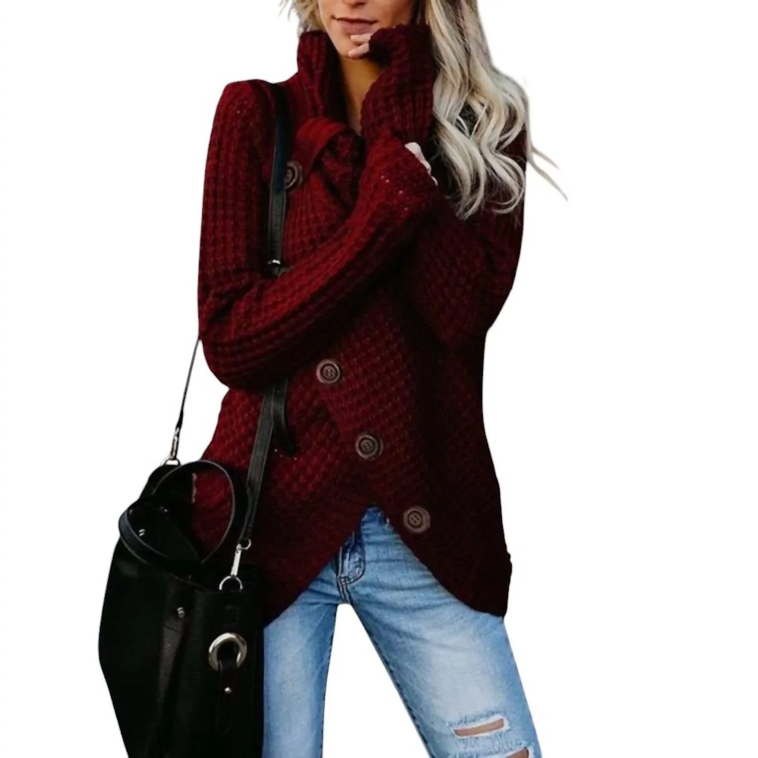 Button Embellished Sweater In Wine Red