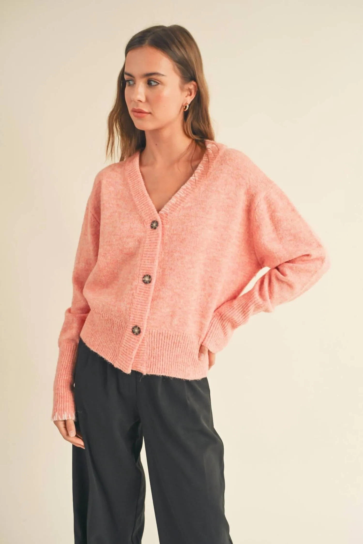 Button Front Cardigan In Peach