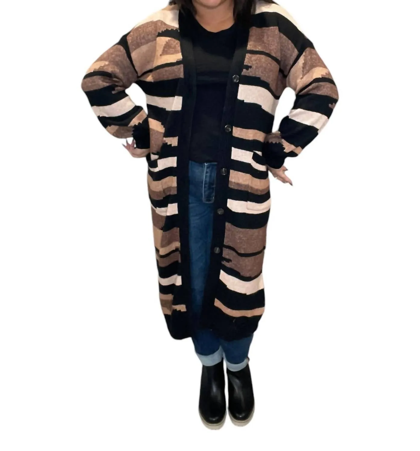 Buttoned Sweater Cardigan In Black/brown
