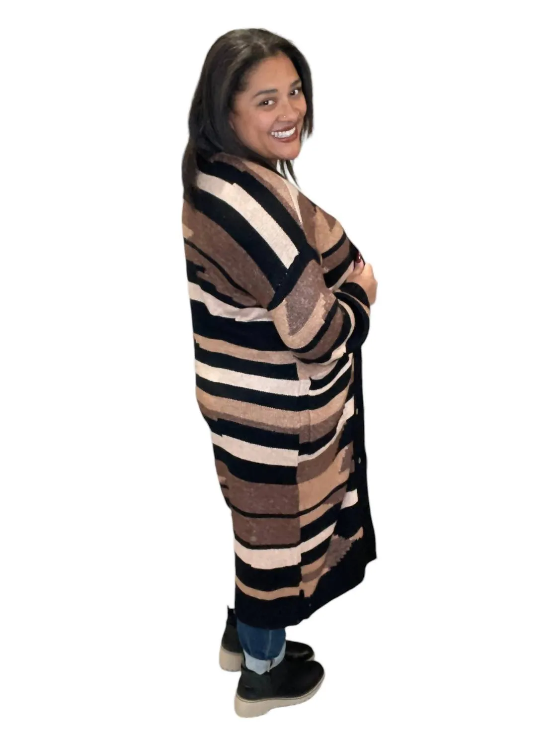 Buttoned Sweater Cardigan In Black/brown