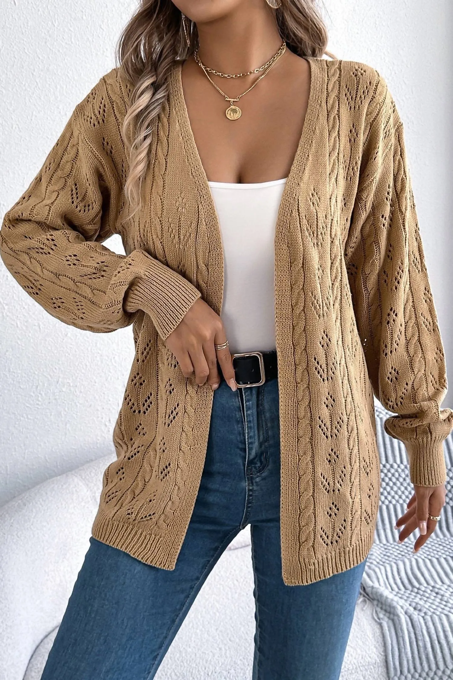 Cable Cardigan In Camel