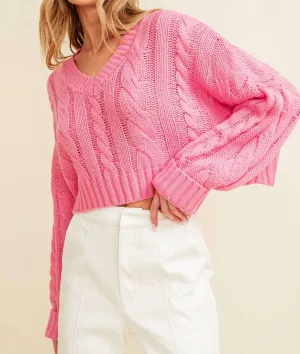 Cable Knitted Crop Sweater In Pink