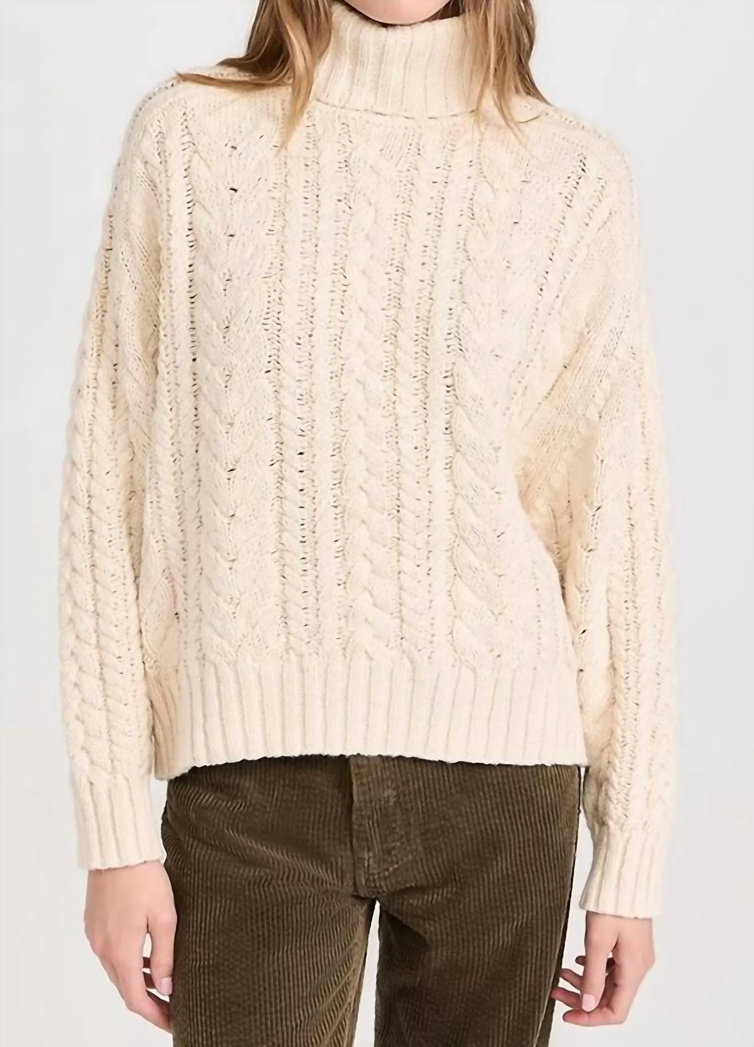 Cable Turtleneck Sweater In Ecru Slub