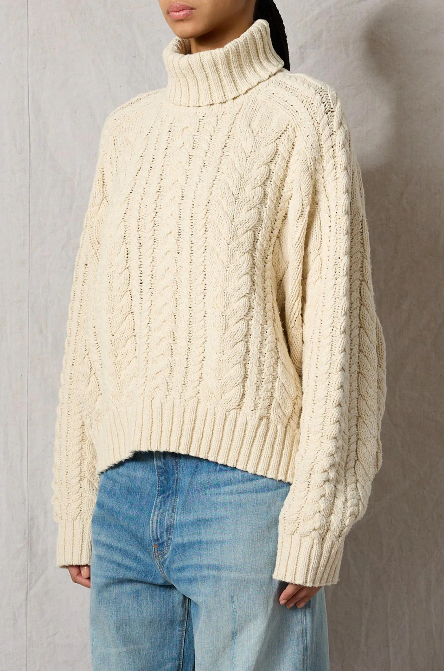 Cable Turtleneck Sweater In Ecru Slub