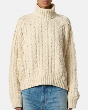 Cable Turtleneck Sweater In Ecru Slub