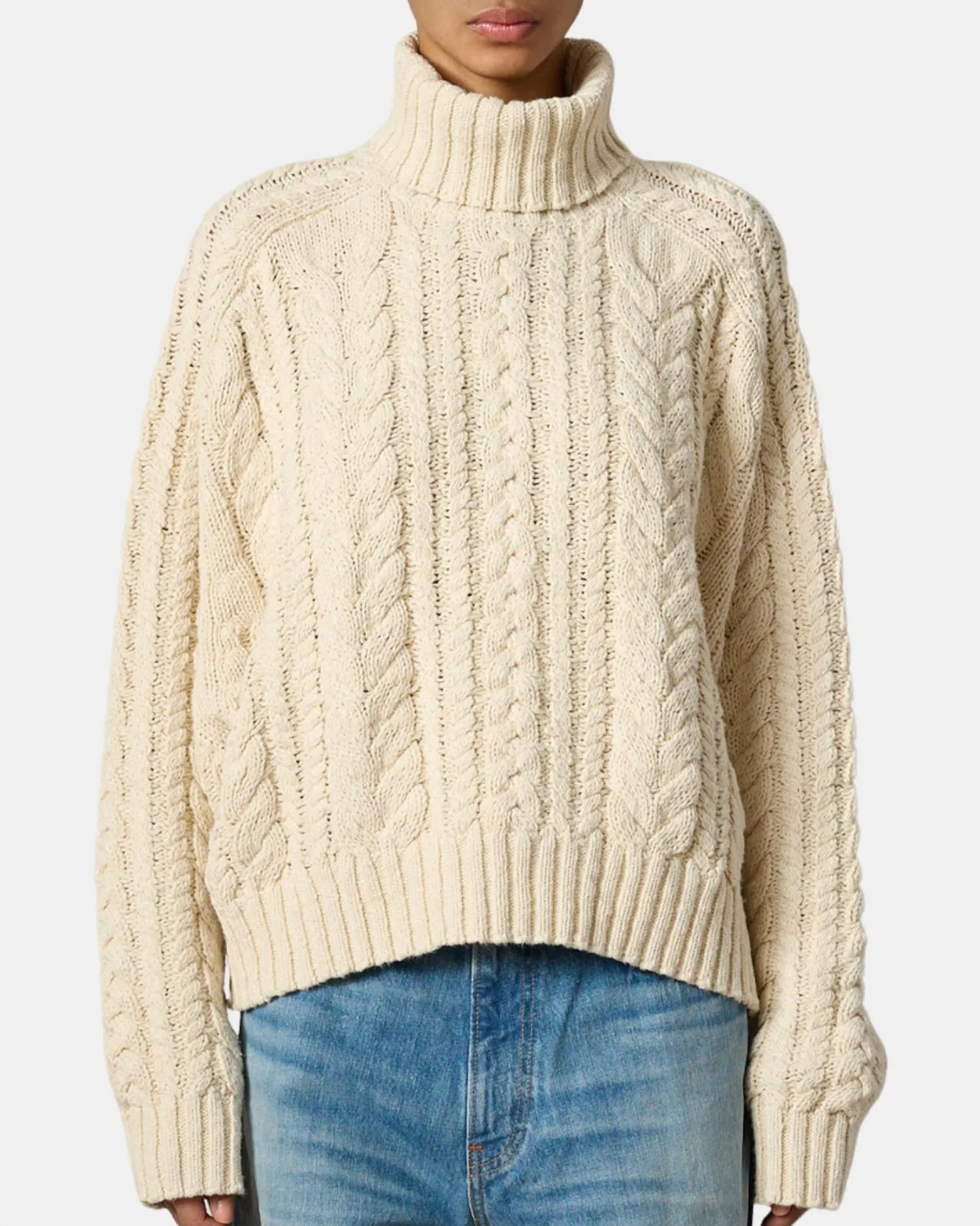 Cable Turtleneck Sweater In Ecru Slub